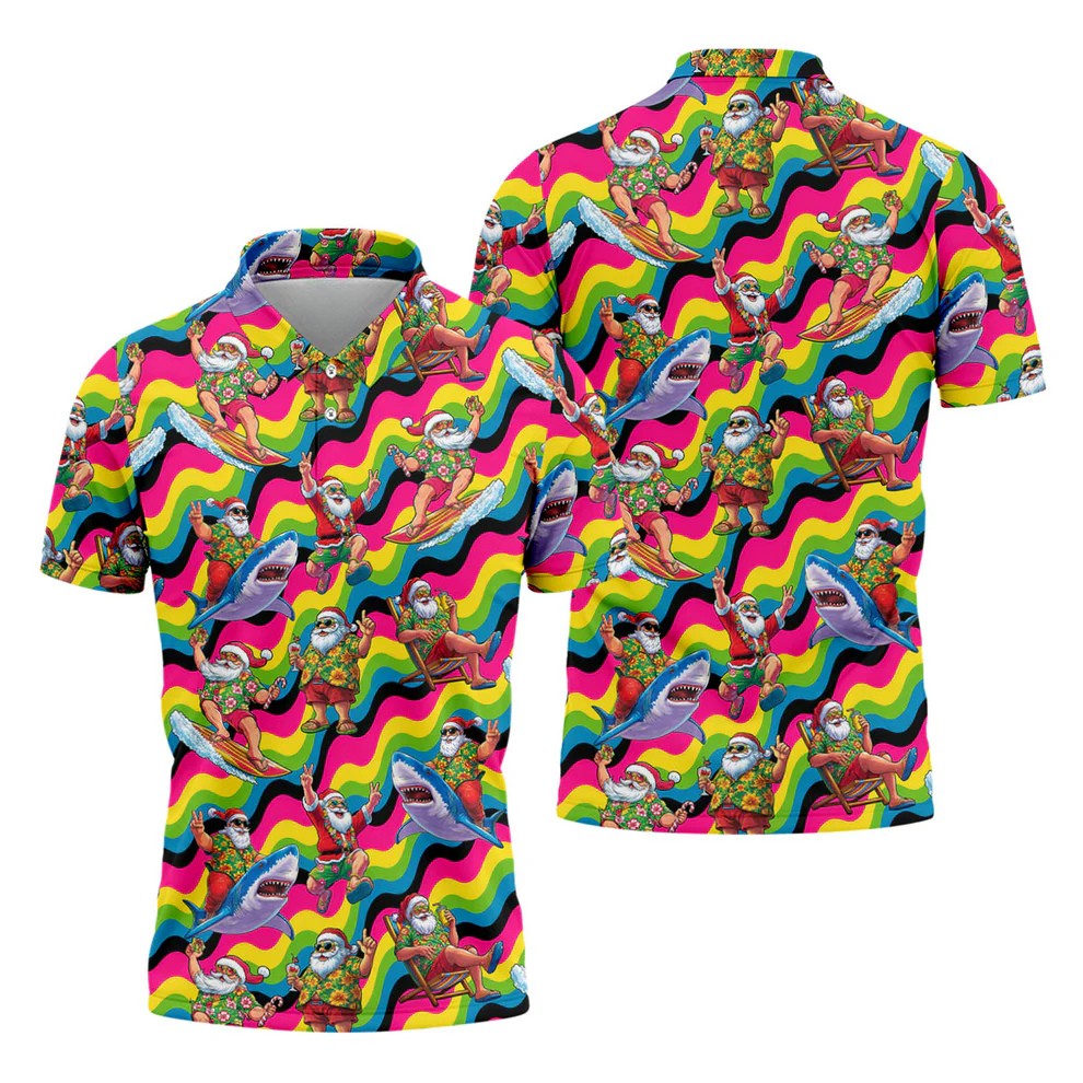 Funny Surfing Santa Riding Shark Hawaiian Golf Shirt, Christmas Golf Shirt, Golf Polo Shirts For Men