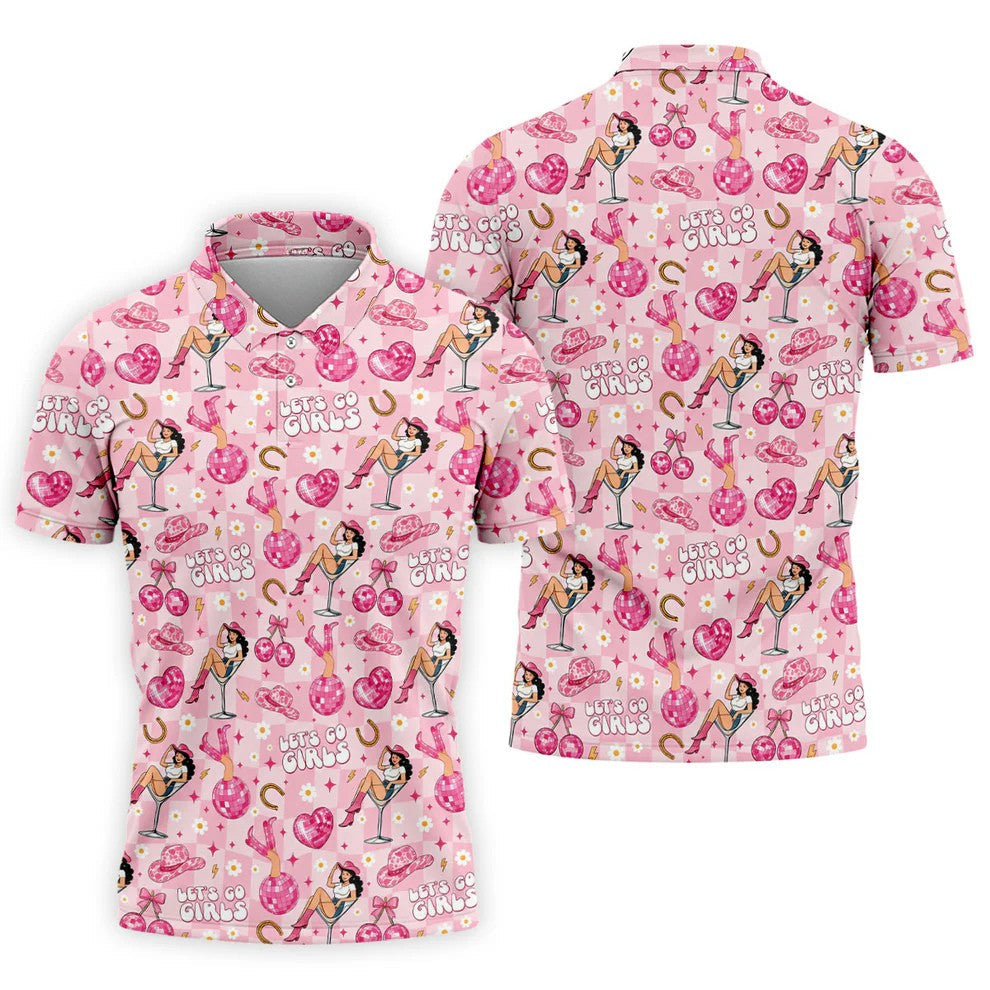 Let's Go Girls Pink Cowgirl Golf Polo Shirt, Mens Golf Shirts, Hawaiian Golf Shirt