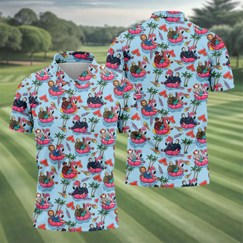 Retro Horror Character Villains Floating On Flamingo Pool Floats Golf Polo Shirt, Mens Golf Polo, Printed Golf Shirts