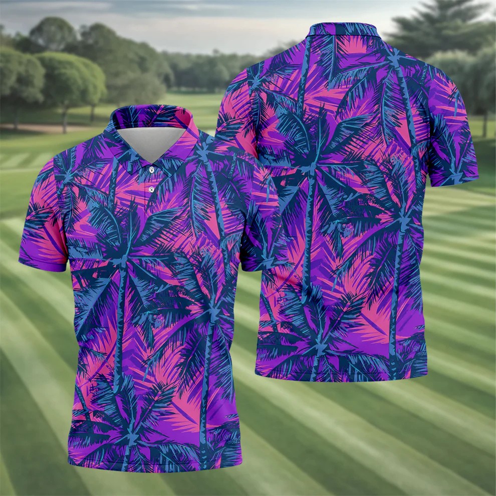 Purple Pink Tropical Palm Trees Golf Shirt, Mens Golf Polo, Printed Golf Shirts