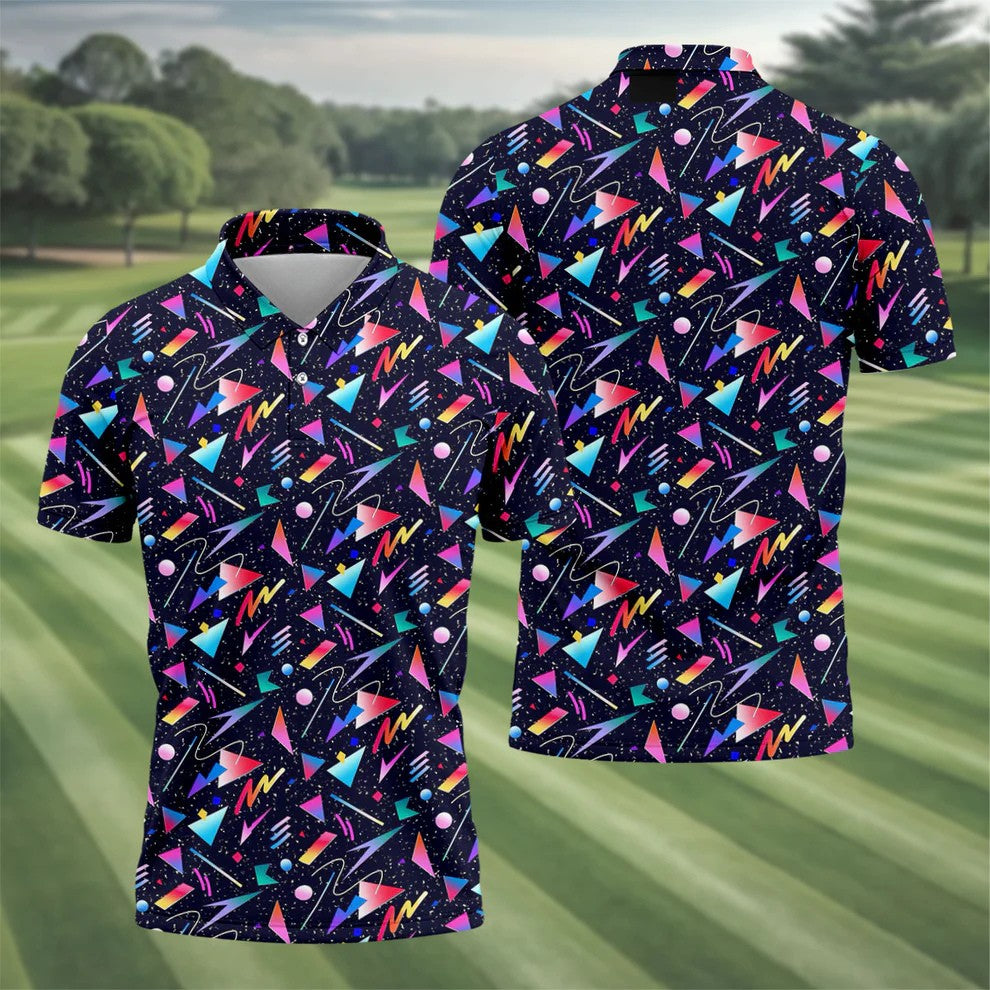 Retro Memphis Geometric Pattern Golf Polo Shirt, Men's Golf Polo, Golf Polo Shirts For Men