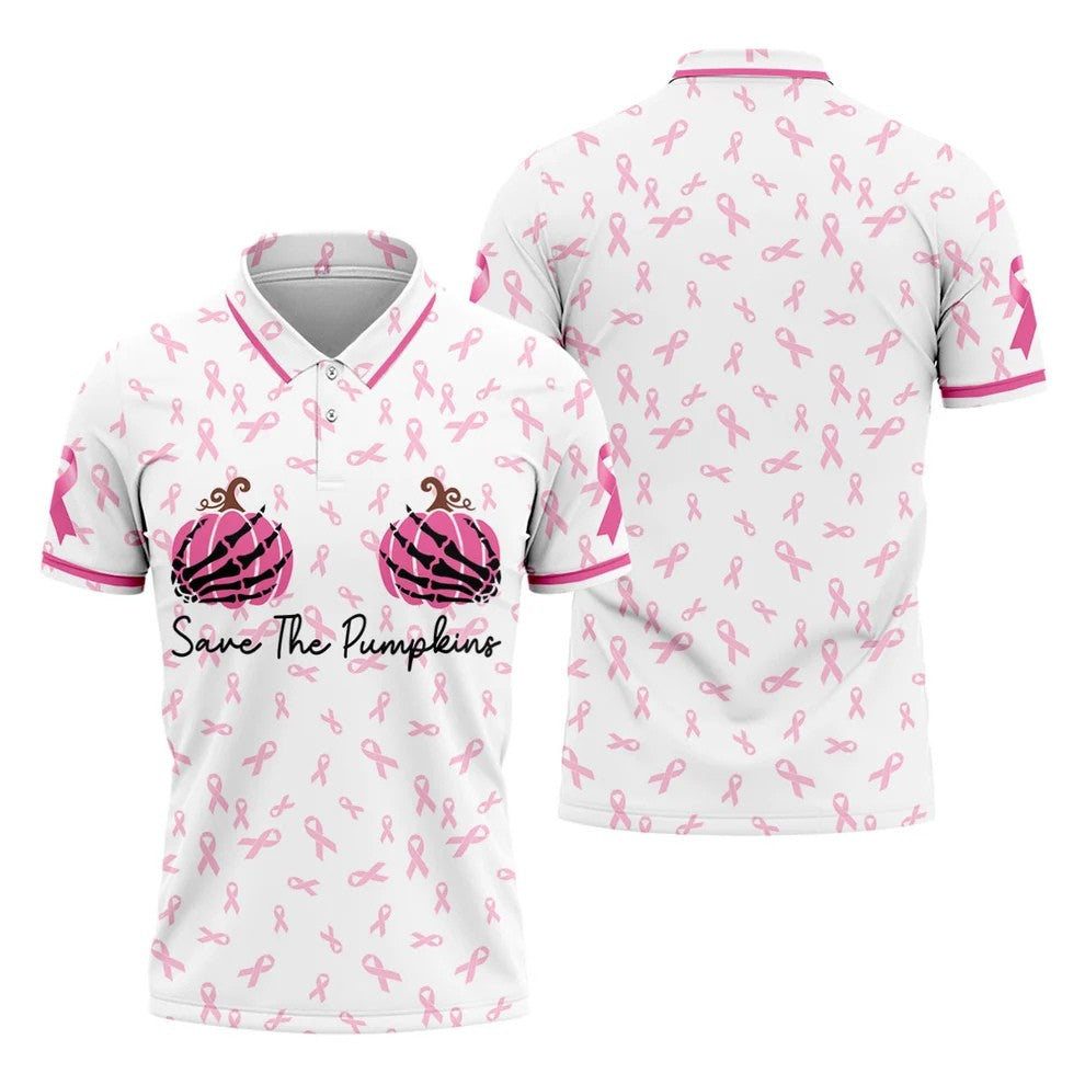 Save The Pumpkins Breast Cancer Ribbon Polo Shirt, Mens Golf Polo, Golf Apparel For Men