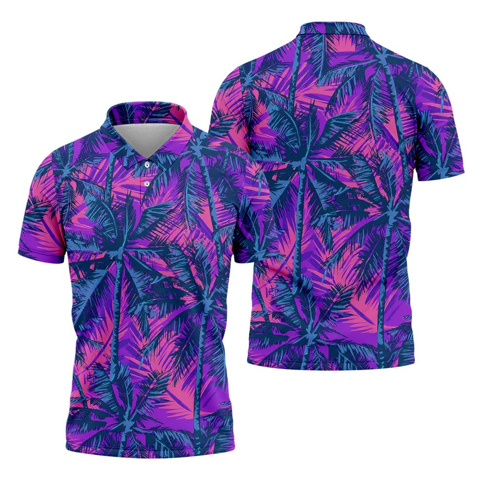 Purple Pink Tropical Palm Trees Golf Shirt, Mens Golf Polo, Printed Golf Shirts