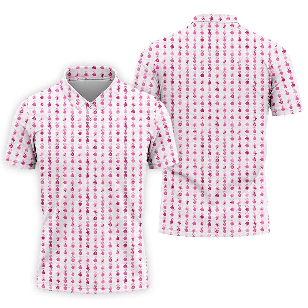 Pink Ribbon Finger Touch Breast Cancer Polo Shirt, Mens Golf Polo, Golf Apparel For Men