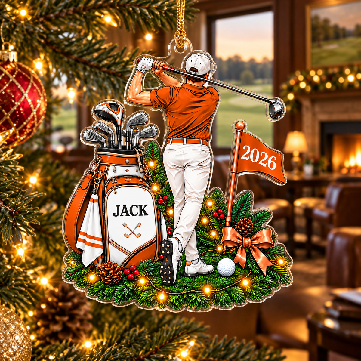 Custom Name Orange Male Golfer Acrylic Ornament, Christmas Tree Decor, Golfer Gifts