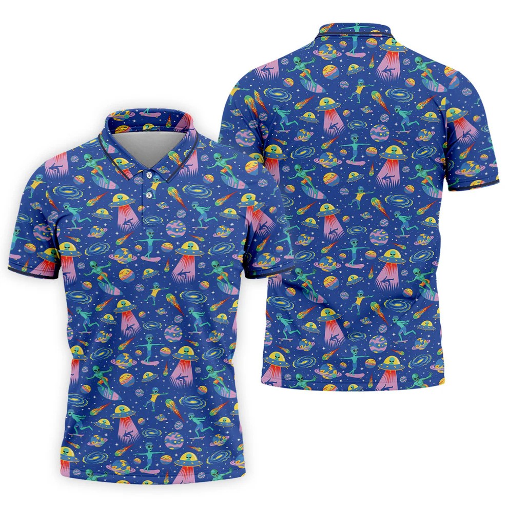 Surfing Alien Space Galaxy Hawaiian Golf Shirt, Hawaiian Golf Shirt, Golf Shirts For Men