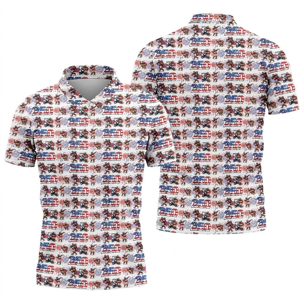 Funny Bigfoot Golf Pose Patriotic 4th Of July White Golf Shirt, 250 Years Golf Shirts For Men