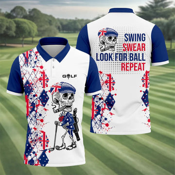 Swing Swear Look For Ball Repeat Australia Flag Print Skeleton Golfer Argyle Golf Shirt, Polo Shirts For Men