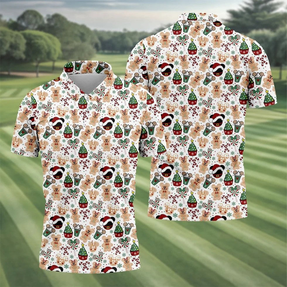 Christmas Sweets Pattern Golf Tops For Men, Cartoon Print Polo Shirts For Men, Christmas Golf Shirt, Golfing Apparel