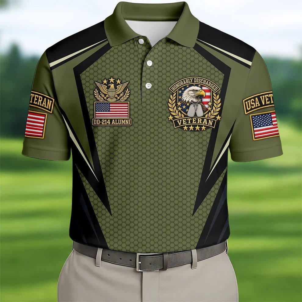 DD-214 Olive Hexagon Golf Polo Shirt, Golf Apparel For Men, Veterans Day Golf Shirt