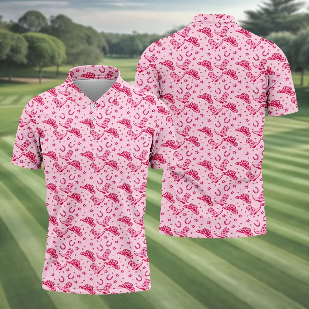Pink Cowgirl Boots Hat Pattern Hawaiian Golf Shirt, Golf Polo Shirts For Men, Mens Golf Apparel