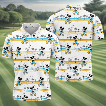 Retro Beach Stripe Cartoon Golf Polo Shirt, Golf Polo Shirts For Men, Mens Golf Apparel