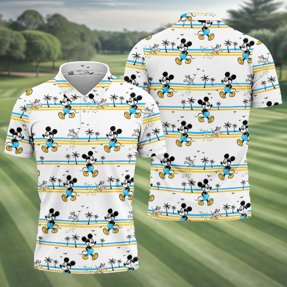 Retro Beach Stripe Cartoon Golf Polo Shirt, Golf Polo Shirts For Men, Mens Golf Apparel