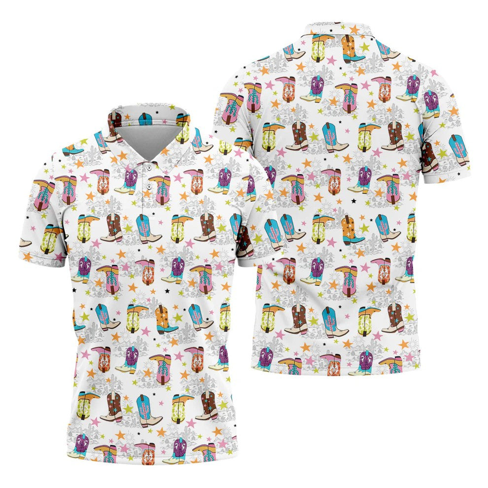 Colorful Western Cowboy Boots Pattern Hawaiian Golf Shirt, Golf Apparel For Men, Mens Golf Polo