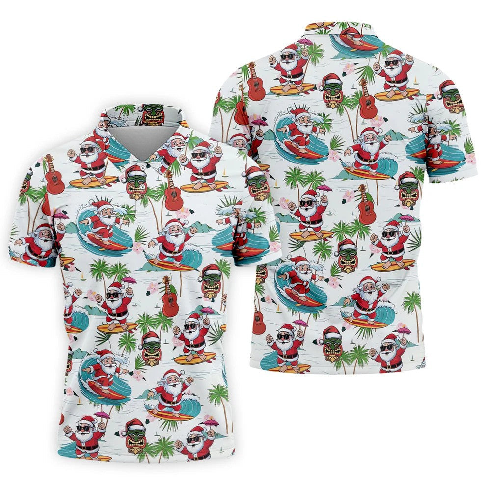 Surfing Santa Tropical Christmas Golf Shirt, Christmas Golf Shirt, Golf Apparel For Men