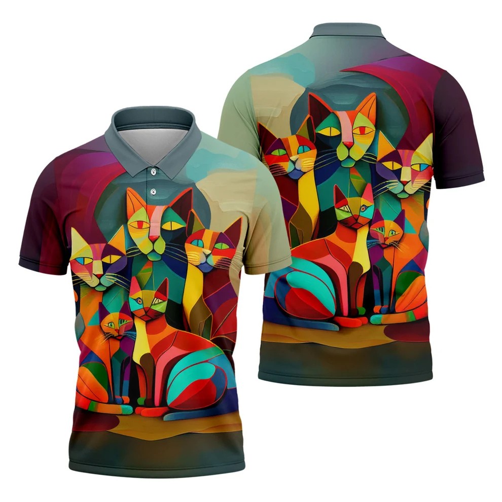Abstract Colorful Cat Halloween Golf Polo Shirt, Men's Golf Shirt, Hawaiian Golf Shirt