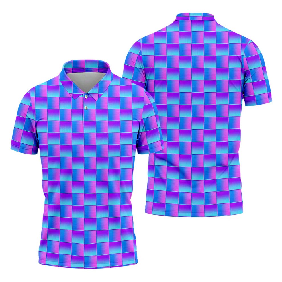Purple Blue Gradient Checkered Pattern Golf Shirt, Mens Golf Polo, Printed Golf Shirts, Golf Polo Shirts For Men