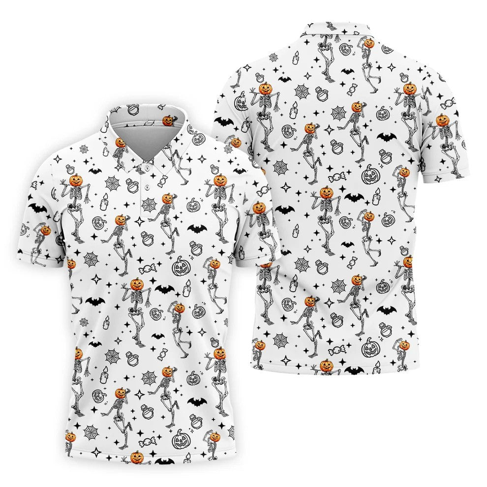 Skeleton Golf Shirt, Halloween Golf Shirt, Fun Golf Polos, Men's Long Seeve Golf Shirts, Golf Gifts For Men