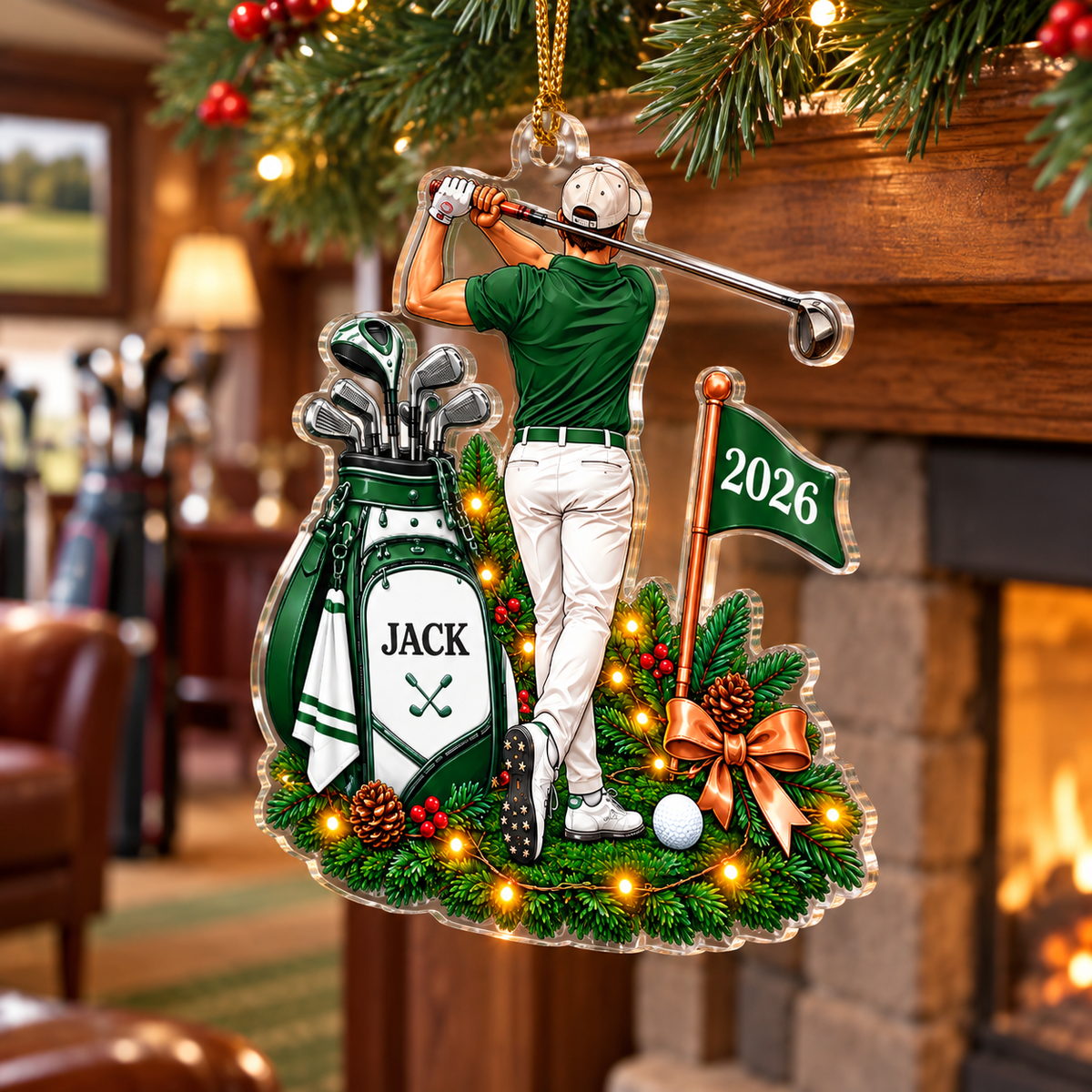 Custom Name Green Male Golfer Acrylic Ornament, Christmas Ornaments, Golf Gifts