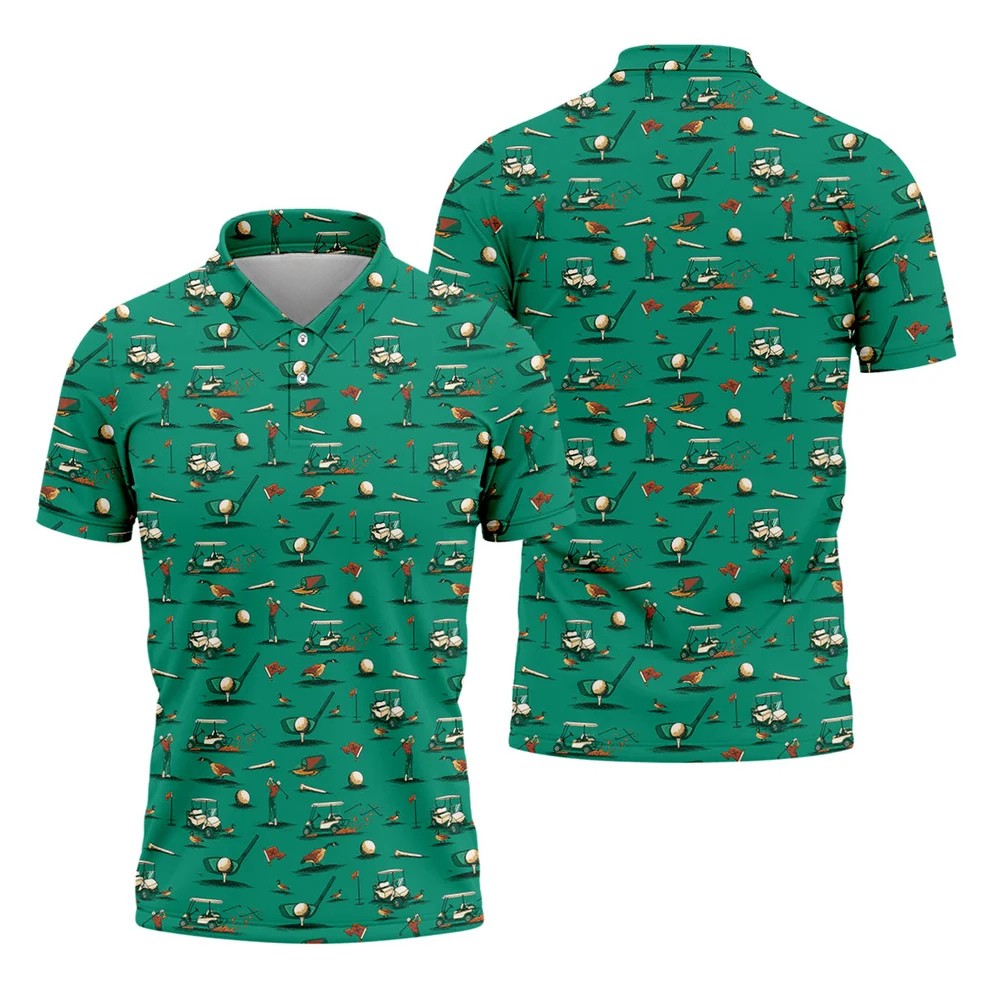 Funny Goose Golf Cart Pattern Green Polo Shirt, Men's Golf Shirt, Mens Golf Apparel