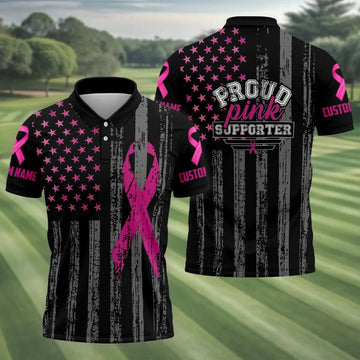 Custom Proud Pink Supporter Breast Cancer Men Polo Shirt, Mens Golf Polo, Awareness Golf Shirts