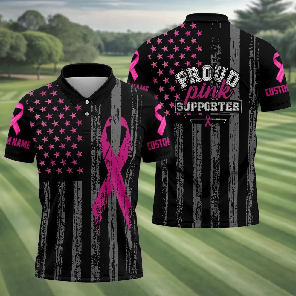 Custom Proud Pink Supporter Breast Cancer Men Polo Shirt, Mens Golf Polo, Awareness Golf Shirts
