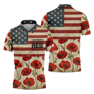 On Fridays We Wear RED Poppies US Flag Golf Shirts, 250 Years Patriotic Golf Shirts For Men
