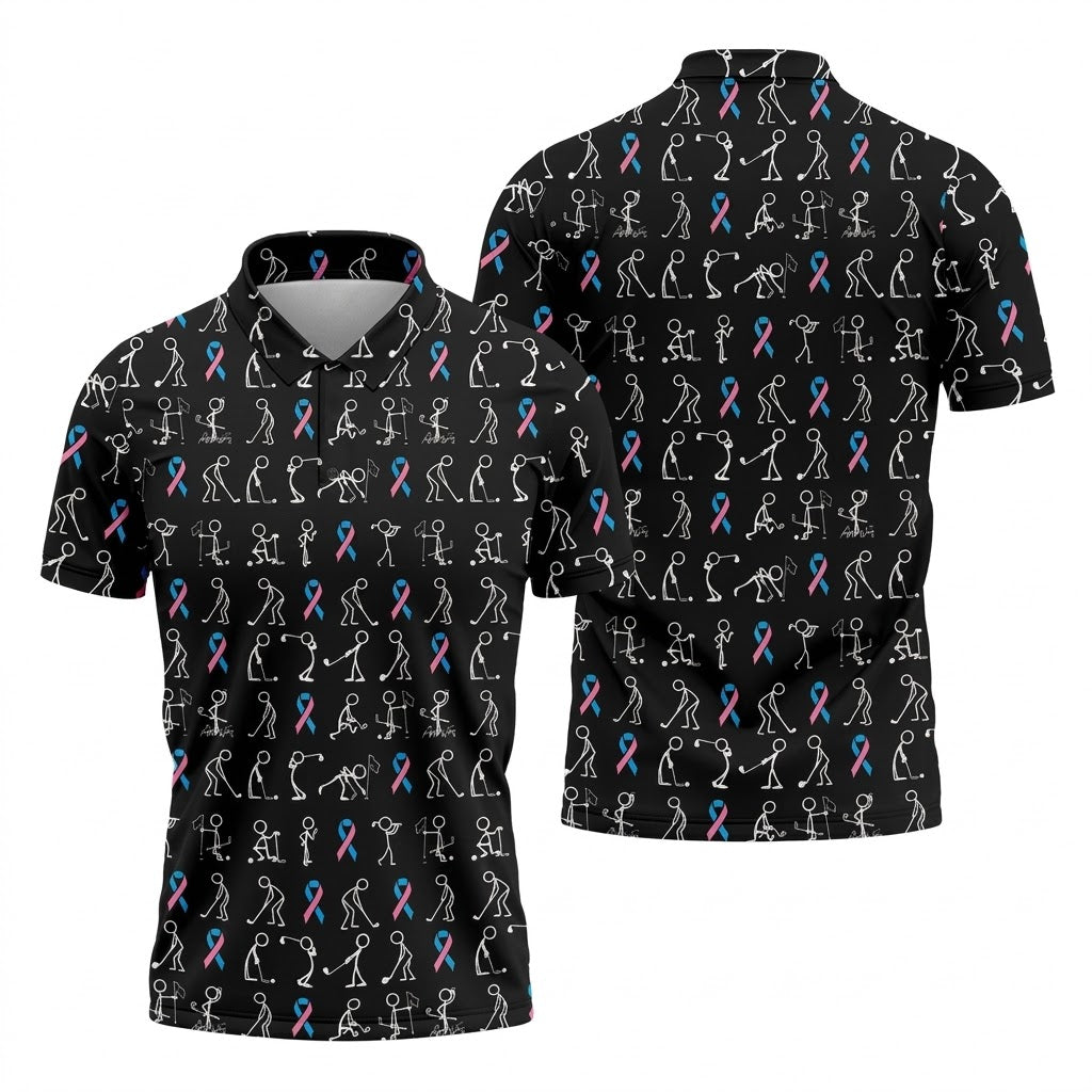 Funny Stick Figure Men's Golf Shirt, Male Breast Cancer Awareness Shirt, Breast Cancer Support Shirt, Golf Shirts For Men