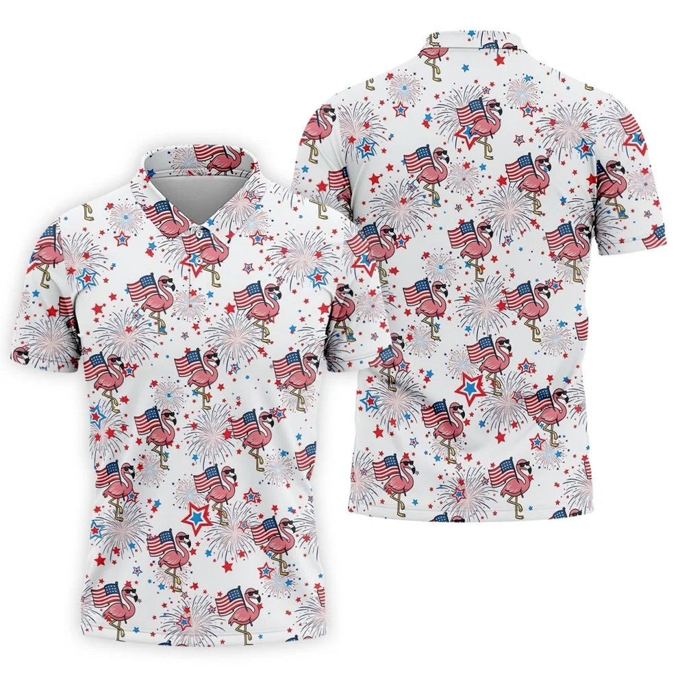 Patriotic Flamingo American Flag Polo Shirt, Mens Golf Polo, Golf Shirts For Men