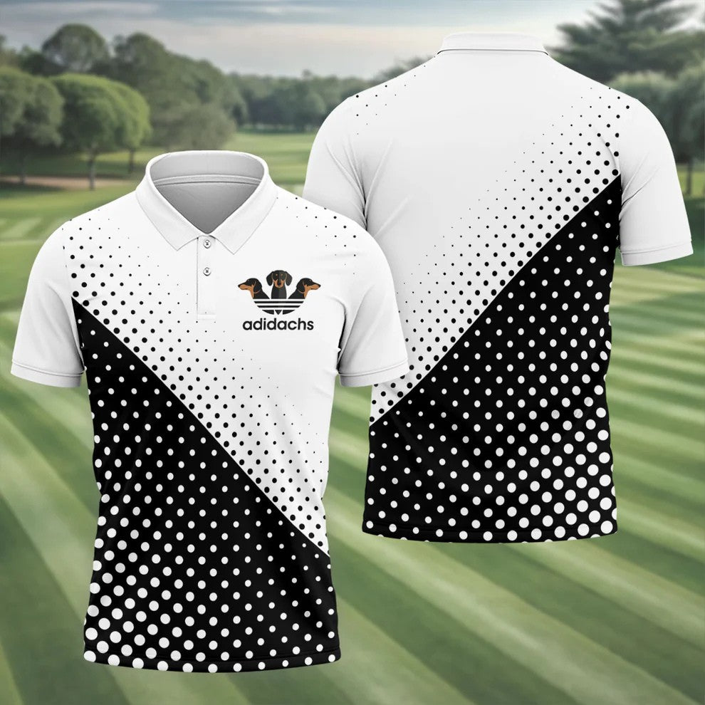Adidachs Funny Dachshund White Golf Shirt, Men's Funny Golf Shirts, Polo Shirts For Men
