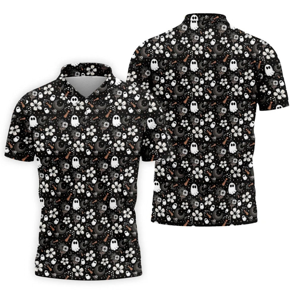 Ghost Horror Character Floral Halloween Golf Polo Shirt, Halloween Shirt, Mens Golf Shirt