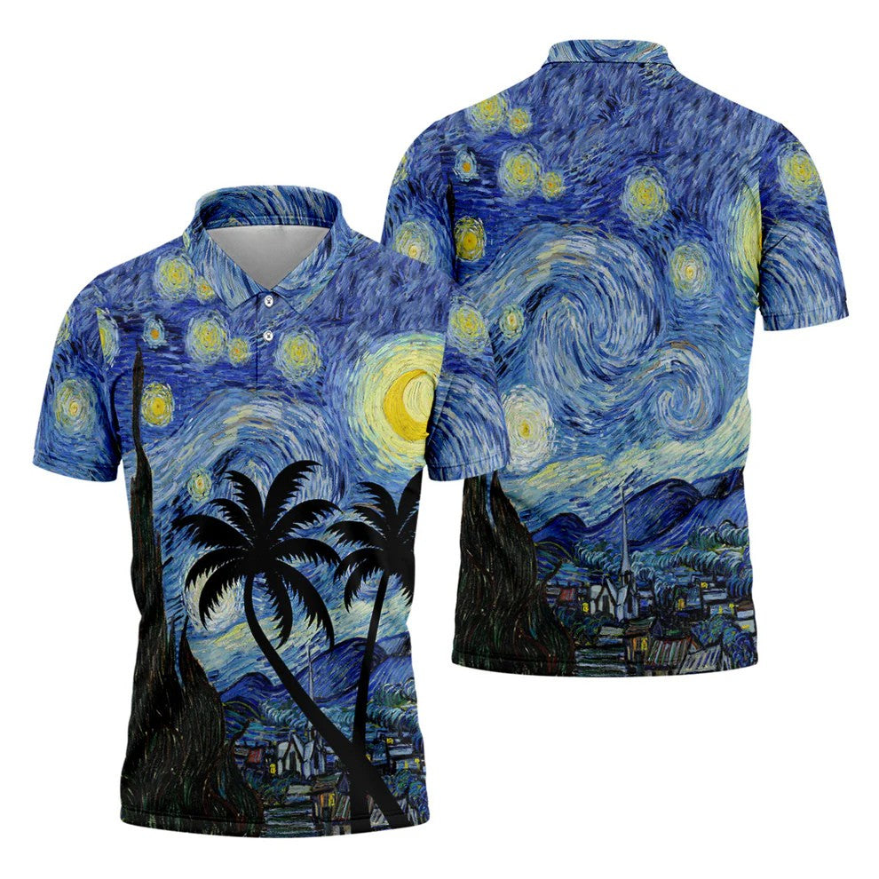 Van Gogh Starry Night Tropical Palm Tree Golf Shirt, Mens Golf Polo, Printed Golf Shirts
