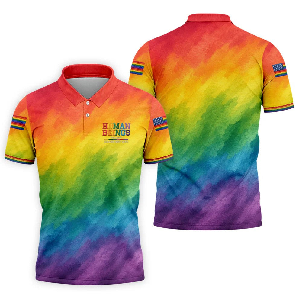 Human Beings LGBT Rainbow Golf Tops For Men, LGBT Pride Month Gradient Watercolor Polo Shirts For Men