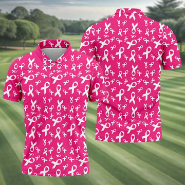 Hot Pink Breast Cancer Awareness Ribbon Polo Shirt, Mens Golf Polo, Printed Golf Shirts