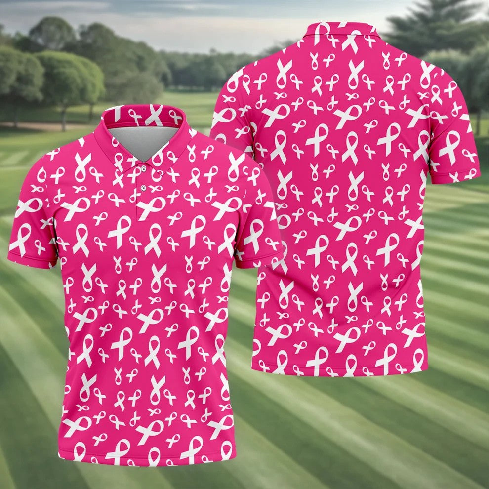 Hot Pink Breast Cancer Awareness Ribbon Polo Shirt, Mens Golf Polo, Printed Golf Shirts