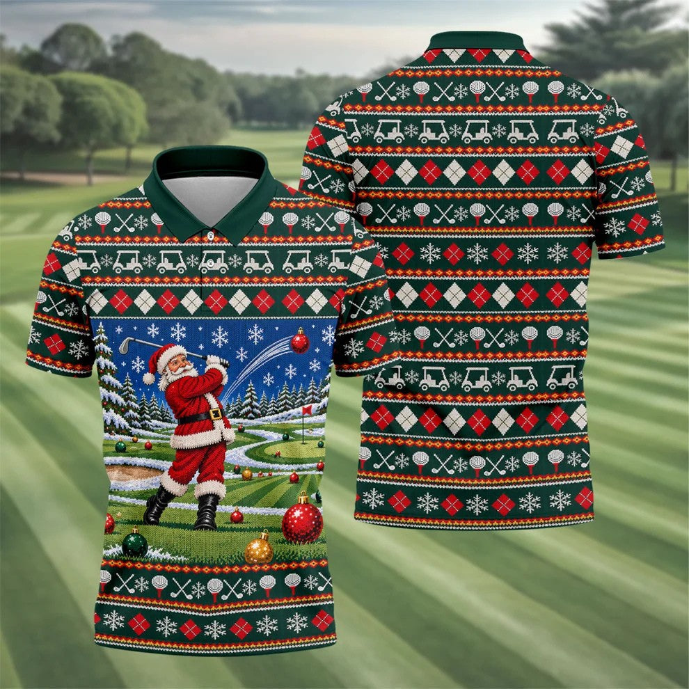 Santa Swing Fair Isle Christmas Golf Shirt, Mens Golf Shirts, Funny Mens Golf Shirts