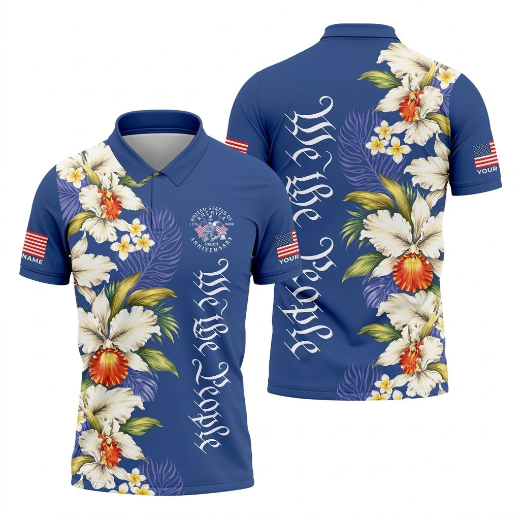 We The People Floral Pattern US Flag Golf Shirt, 250 Years 4th Of July Golf Shirts For Men