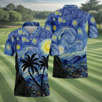 Van Gogh Starry Night Tropical Palm Tree Golf Shirt, Mens Golf Polo, Printed Golf Shirts
