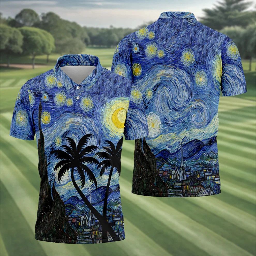 Van Gogh Starry Night Tropical Palm Tree Golf Shirt, Mens Golf Polo, Printed Golf Shirts