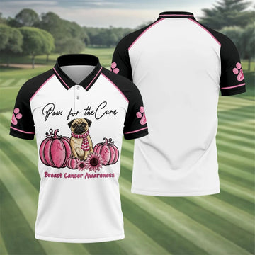 Paws For The Cure Pug Breast Cancer Polo Shirt, Men's Golf Shirt, Mens Golf Apparel