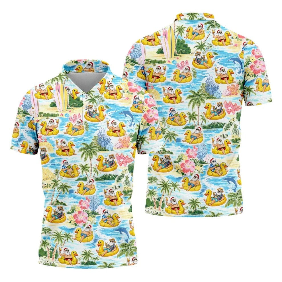 Funny Santa Duck Float Tropical Christmas Polo Shirt, Mens Golf Polo, Hawaiian Golf Shirt