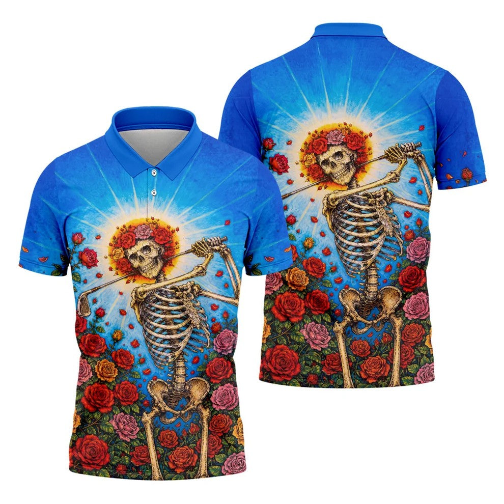 Skeleton Blowing Golf Club Halloween Polo Shirt, Men's Golf Shirt, Mens Golf Polo