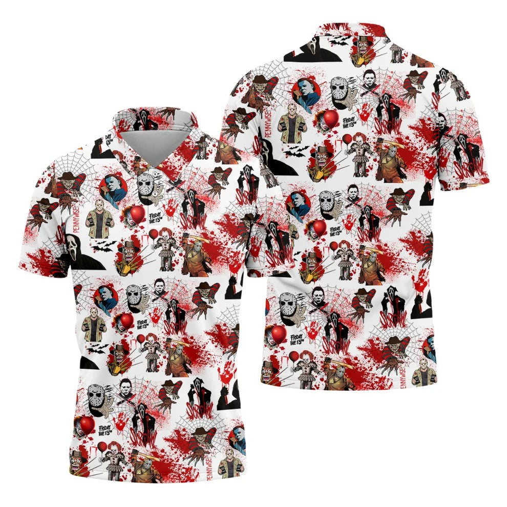 Horror Villain Blood Splatter Print Golf Tops For Men, Halloween Golf Shirt, Polo ShirtFor Men, Golfing Apparel