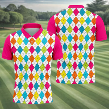 Pink Sleeve Colorful Argyle Plaid Golf Shirt, Mens Golf Polo, Printed Golf Shirts
