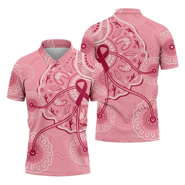 Australia Indigenous Pink Ribbon Men's Golf Shirt, Breast Cancer Awareness Shirt, Golf Shirts For Men