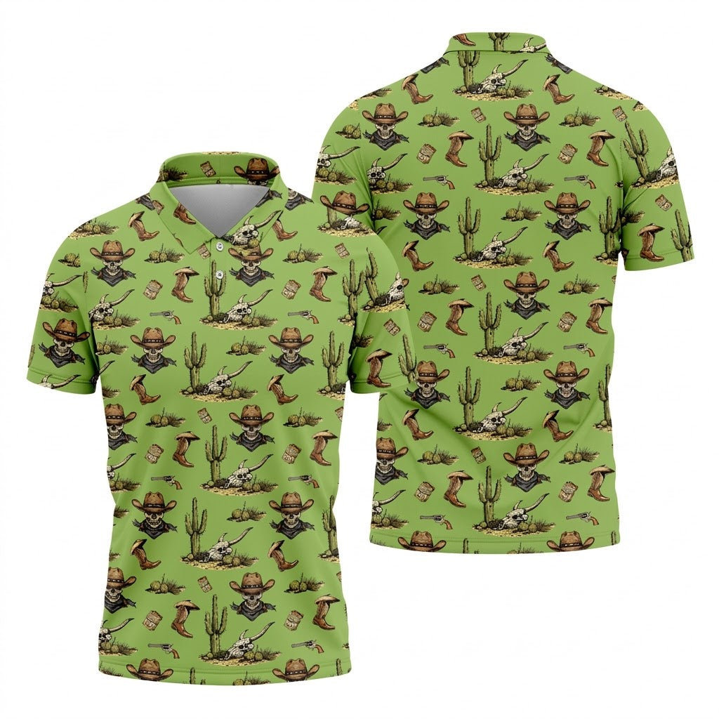 Cowboy Skeleton Longhorn Cow Skull Western Theme Sage Green Golf Tops For Men, Golf Shirts For Men