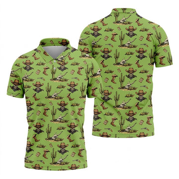 Cowboy Skeleton Longhorn Cow Skull Western Theme Sage Green Golf Tops For Men, Golf Shirts For Men