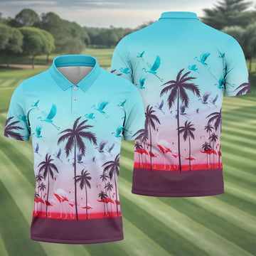 Tropical Flamingo Sunset Hawaiian Golf Shirt, Printed Golf Shirts, Golf Polo Shirts For Men