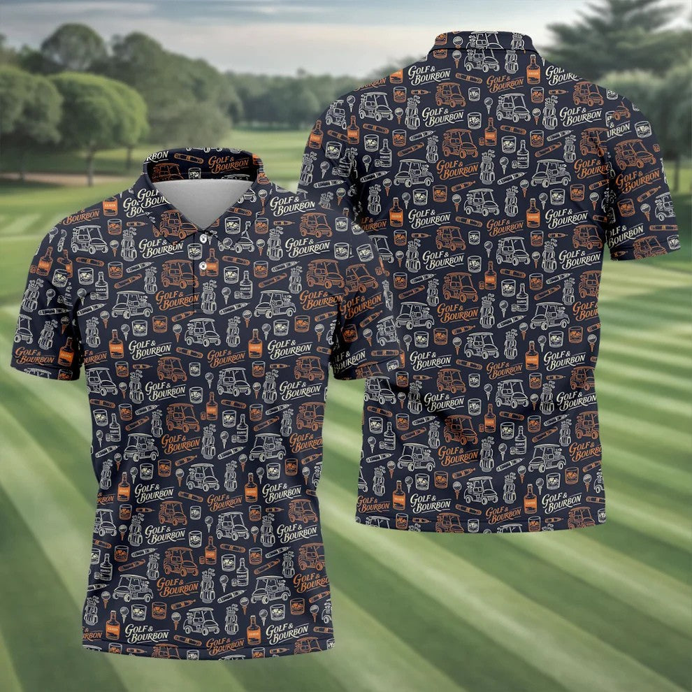 Funny Golf Bourbon Cigar Pattern Polo Shirt, Golf Polo Shirts For Men, Mens Golf Apparel
