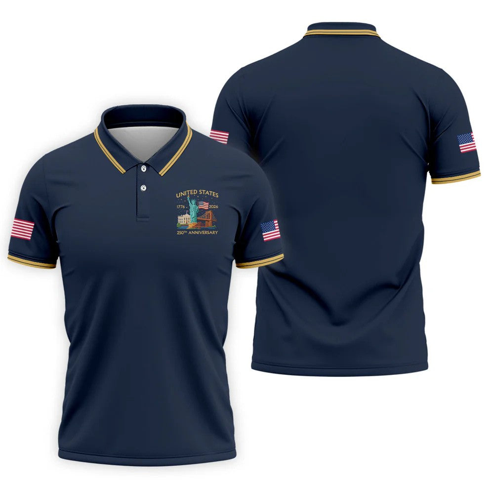 American Symbols Navy Patriotic Golf Shirt, US 250 Years 4th Of July Golf Shirts For Men